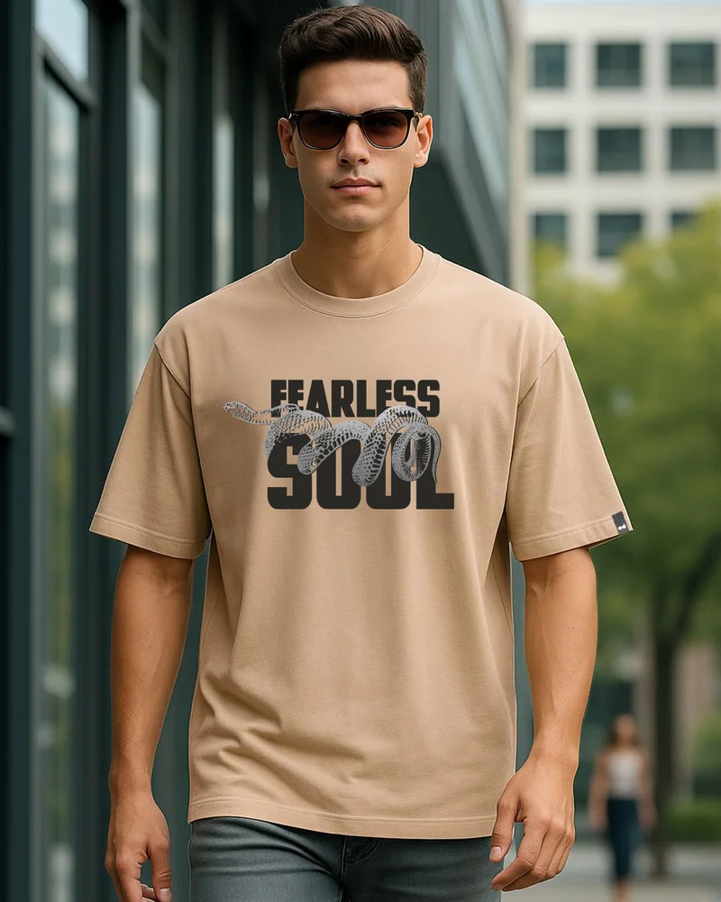bewakoof Men's Ginger Root Brown Fearless Soul Graphic Printed Oversized T-shirt